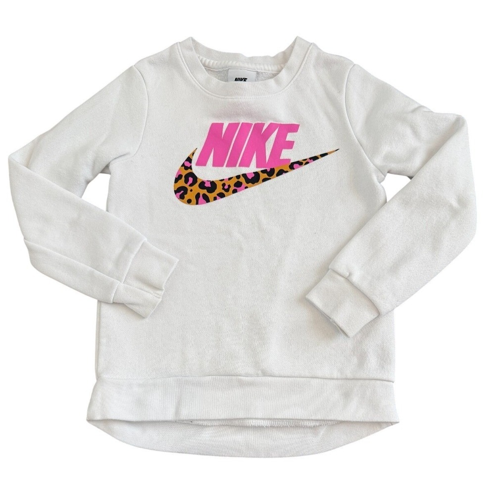 Nike Girls Sweatshirt Leopard Swoosh Pink Logo White Size 4 5Y